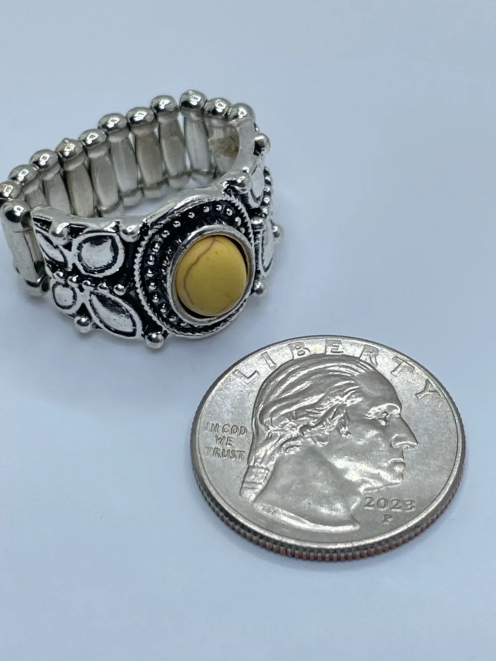 Silver Tone Yellow Howlite Stretch Ring Boho Statement